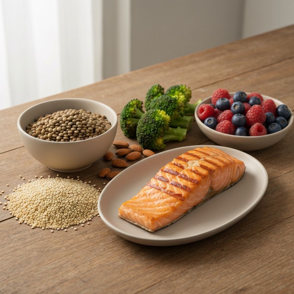 Nutrient-dense whole foods including salmon, lentils, and vegetables